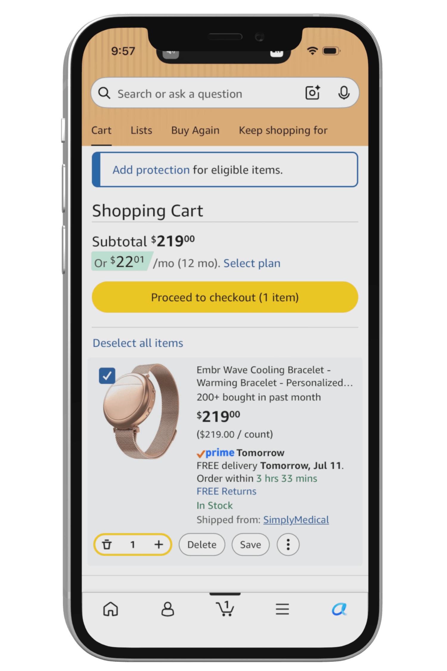 Amazon checkout — cart and purchase